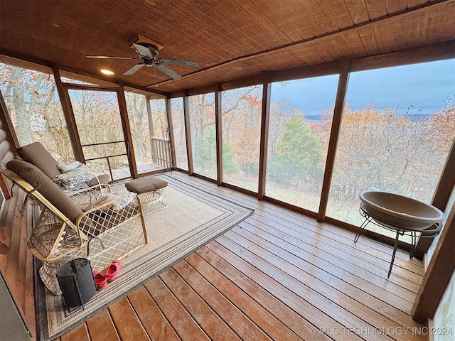 sunroom / solarium with ceiling fan and wood ceiling