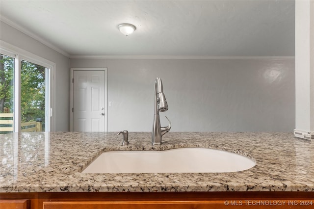 details featuring light stone countertops, ornamental molding, and sink