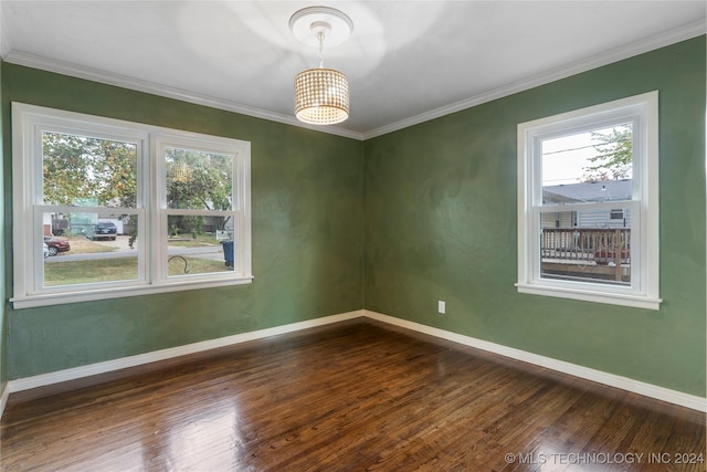 spare room featuring dark hardwood / wood-style flooring and ornamental molding