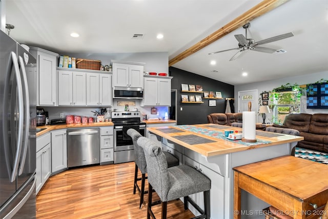 kitchen with a kitchen bar, white cabinetry, wooden counters, appliances with stainless steel finishes, and ceiling fan