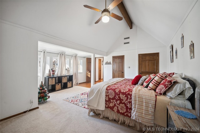 bedroom with beam ceiling, ceiling fan, high vaulted ceiling, and light carpet