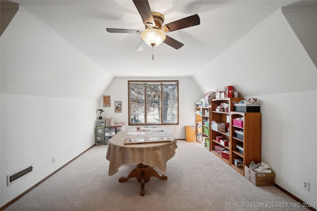 playroom featuring ceiling fan, carpet floors, vaulted ceiling, and ornamental molding