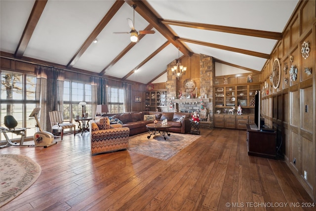 living room with beam ceiling, high vaulted ceiling, and dark wood-type flooring