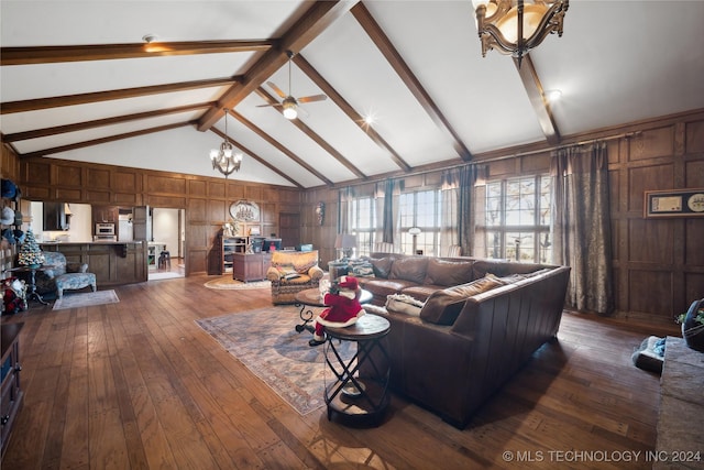 living room featuring beam ceiling, ceiling fan with notable chandelier, high vaulted ceiling, and dark hardwood / wood-style floors