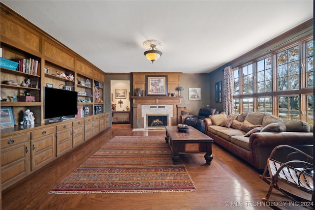 7133 S 425th Rd, Inola, OK 74036 - living room featuring a premium fireplace, built in features, dark wood-style floors, and ornamental molding