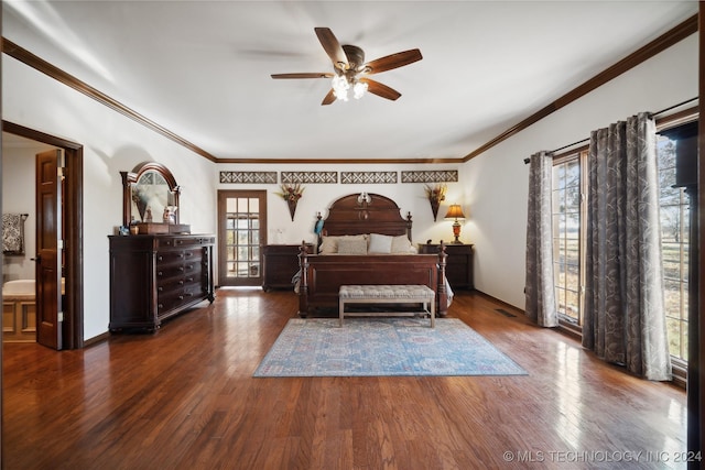 bedroom featuring crown molding, ceiling fan, and dark hardwood / wood-style floors