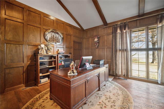 7133 S 425th Rd, Inola, OK 74036 - office area featuring lofted ceiling with beams, visible vents, wood walls, and light wood-style floors