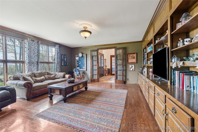 7133 S 425th Rd, Inola, OK 74036 - living room with crown molding, french doors, and wood finished floors