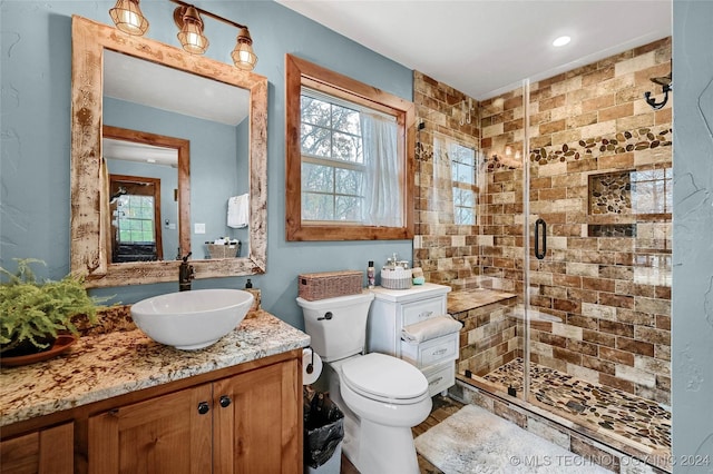 bathroom with vanity, an enclosed shower, and toilet