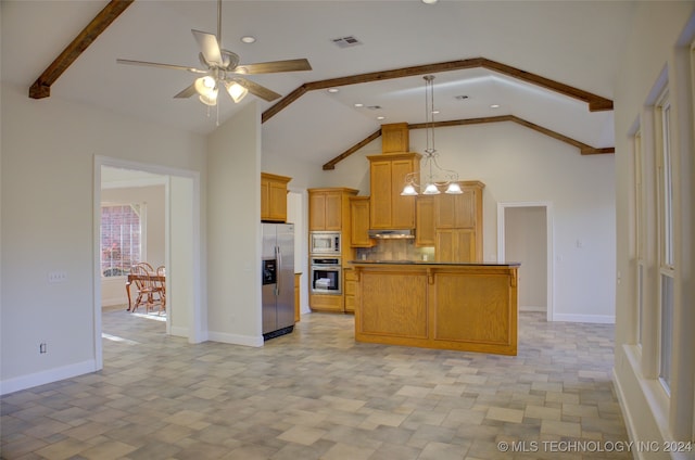 kitchen featuring appliances with stainless steel finishes, ceiling fan with notable chandelier, decorative light fixtures, and beam ceiling