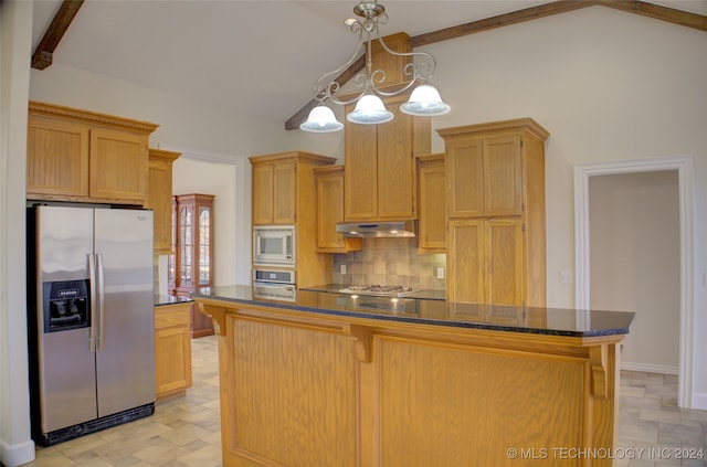 kitchen with light brown cabinets, stainless steel appliances, beamed ceiling, decorative backsplash, and a kitchen island