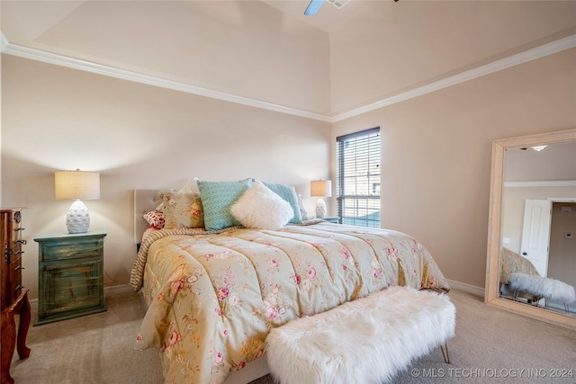 carpeted bedroom featuring crown molding