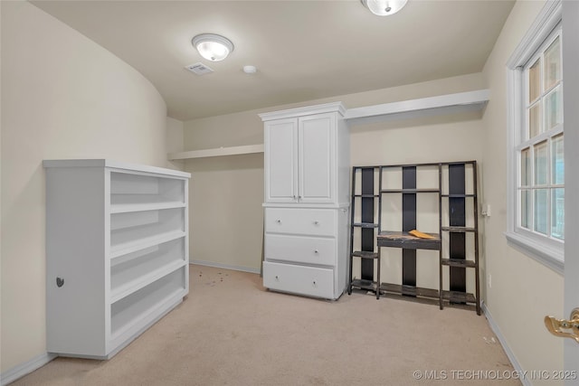 walk in closet with light carpet