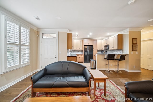 living room featuring wood-type flooring, ornamental molding, and sink