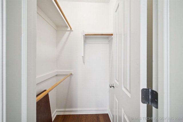 walk in closet with dark hardwood / wood-style floors