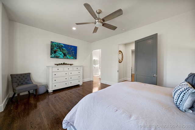 bedroom with ceiling fan and dark wood-type flooring