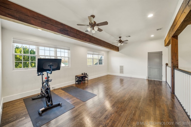 workout room with ceiling fan and dark wood-type flooring