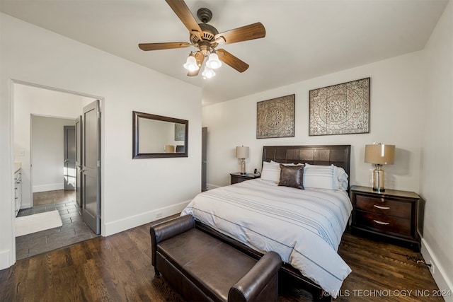 bedroom with ceiling fan and dark wood-type flooring