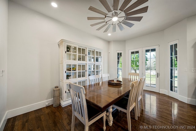 dining room with dark hardwood / wood-style floors and ceiling fan