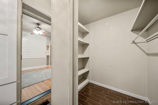 spacious closet with ceiling fan and dark hardwood / wood-style flooring