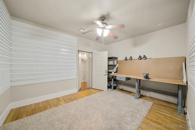 office area featuring ceiling fan and light hardwood / wood-style flooring