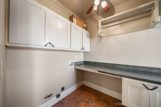 washroom with hookup for a gas dryer, hookup for a washing machine, ceiling fan, and cabinets