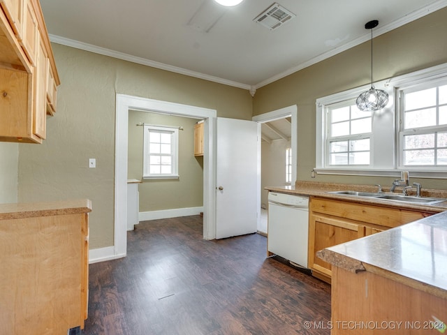 kitchen featuring dishwasher, light brown cabinets, dark hardwood / wood-style floors, and sink