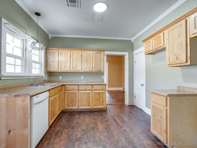 kitchen with dishwasher, light brown cabinets, dark wood-type flooring, sink, and decorative light fixtures