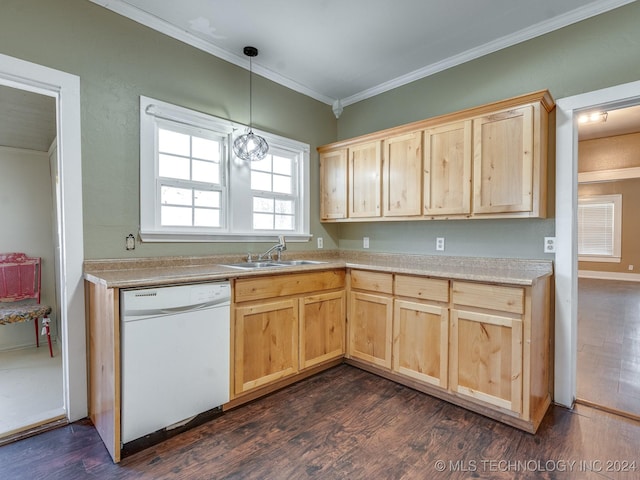 kitchen featuring crown molding, sink, light brown cabinets, dishwasher, and dark hardwood / wood-style floors