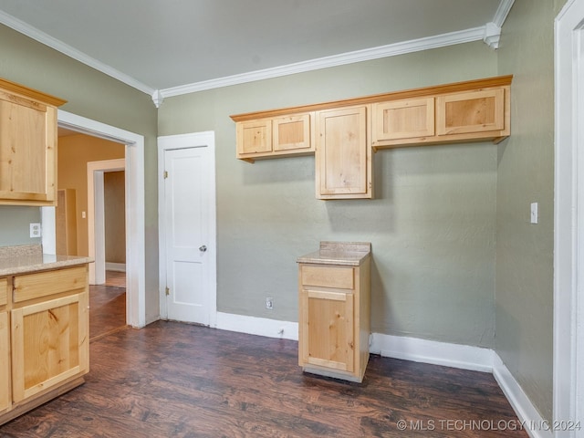 kitchen featuring light brown cabinets, dark wood-type flooring, light stone counters, and ornamental molding