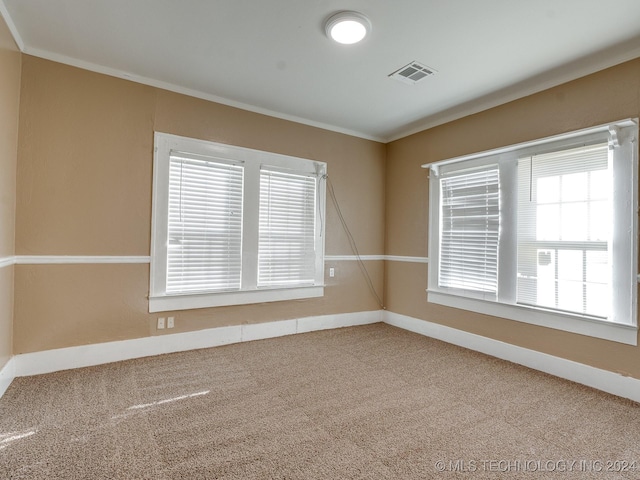 unfurnished room with carpet floors and ornamental molding