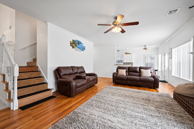 living room featuring ceiling fan, light hardwood / wood-style flooring, and crown molding