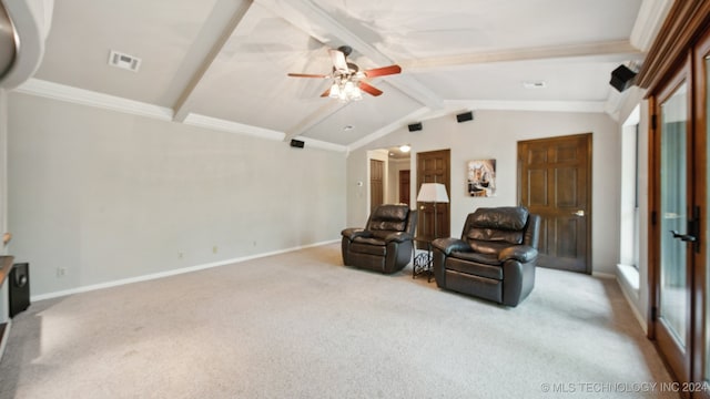 living area featuring light carpet, ceiling fan, and lofted ceiling with beams