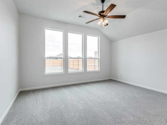 additional living space featuring carpet, ceiling fan, and lofted ceiling