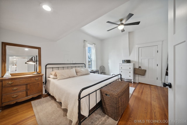 bedroom featuring ceiling fan and light wood-type flooring