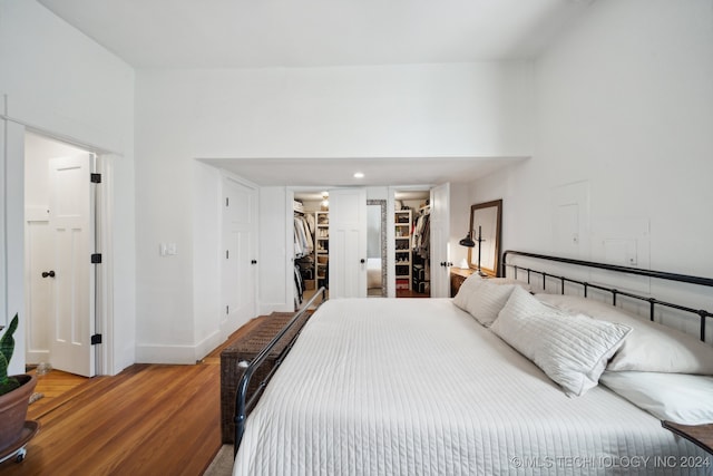 bedroom featuring hardwood / wood-style floors, a walk in closet, and a closet