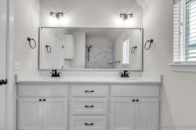 bathroom featuring vanity, walk in shower, and a healthy amount of sunlight