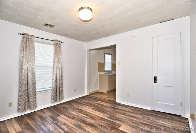 unfurnished room featuring sink, a healthy amount of sunlight, dark hardwood / wood-style floors, and ornamental molding