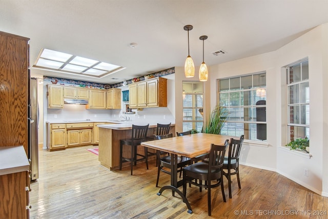 dining space featuring light hardwood / wood-style floors, a skylight, and sink