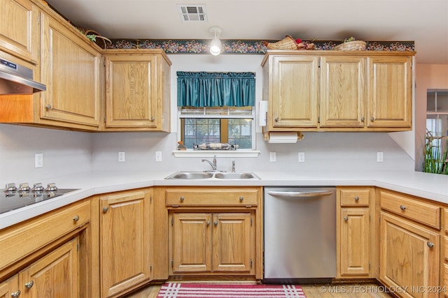 kitchen featuring black electric stovetop, ventilation hood, stainless steel dishwasher, and sink