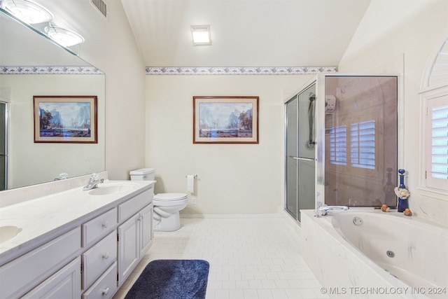 full bathroom with tile patterned flooring, vanity, separate shower and tub, and lofted ceiling