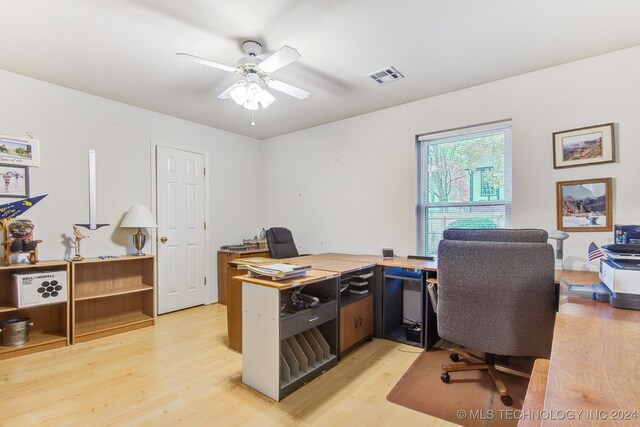 office area featuring ceiling fan and light hardwood / wood-style flooring