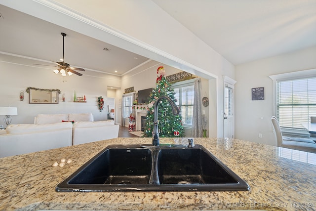 kitchen with a healthy amount of sunlight, light stone countertops, ornamental molding, and sink