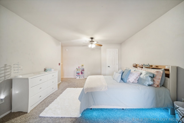 bedroom with ceiling fan and light colored carpet