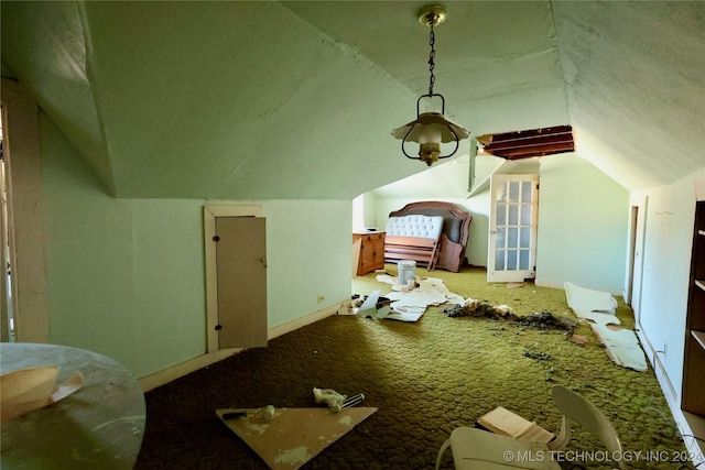 miscellaneous room with carpet and lofted ceiling