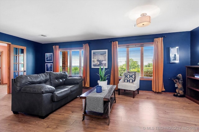 living room with plenty of natural light and hardwood / wood-style floors