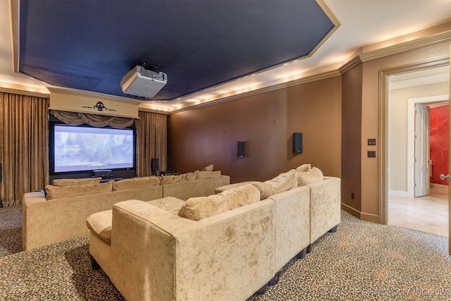 3520 W 77th St S, Tulsa, OK 74132 - carpeted cinema featuring crown molding and a raised ceiling