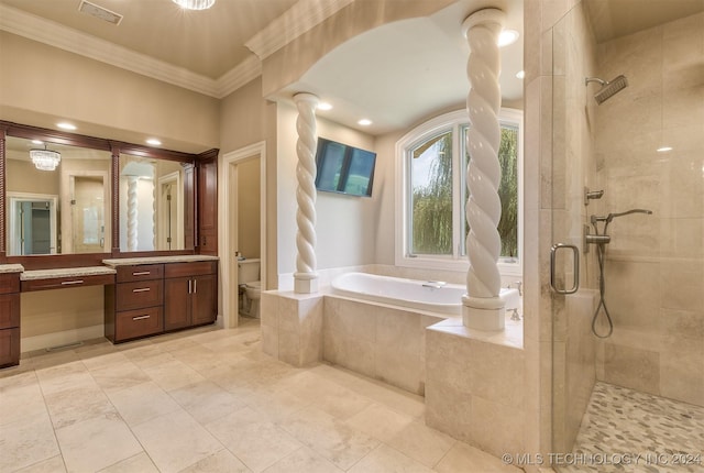 full bathroom featuring vanity, crown molding, plus walk in shower, and toilet