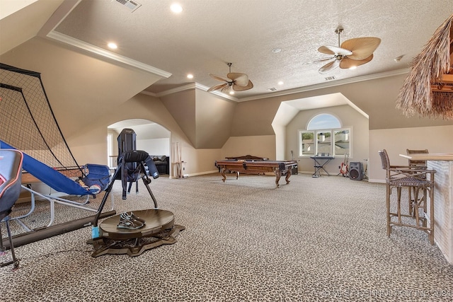 playroom with carpet flooring, crown molding, a textured ceiling, and pool table