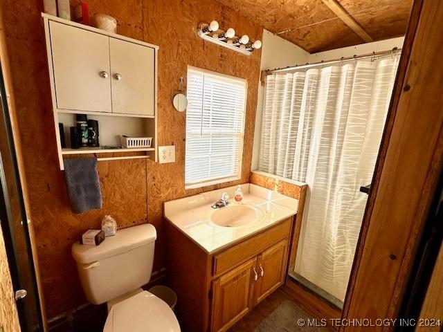 bathroom featuring vanity, toilet, and curtained shower